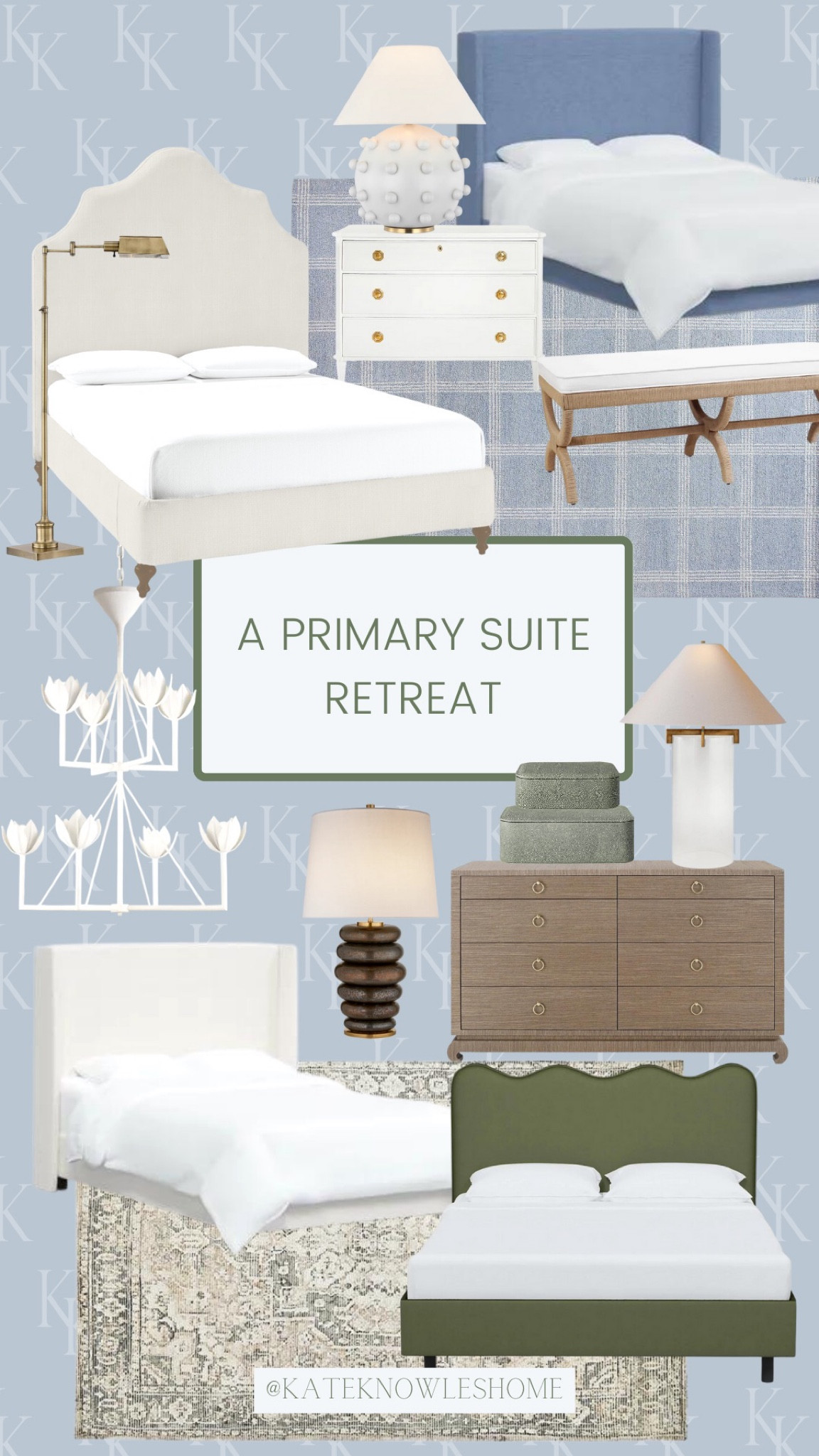 Primary bedroom, bed, nightstand, dresser, bench, lamps, chandelier, lighting, rugs, scalloped bed, upholstered bed, bedroom design, green bed, blue bed, blue and white room 

#LTKhome #LTKFind #LTKstyletip