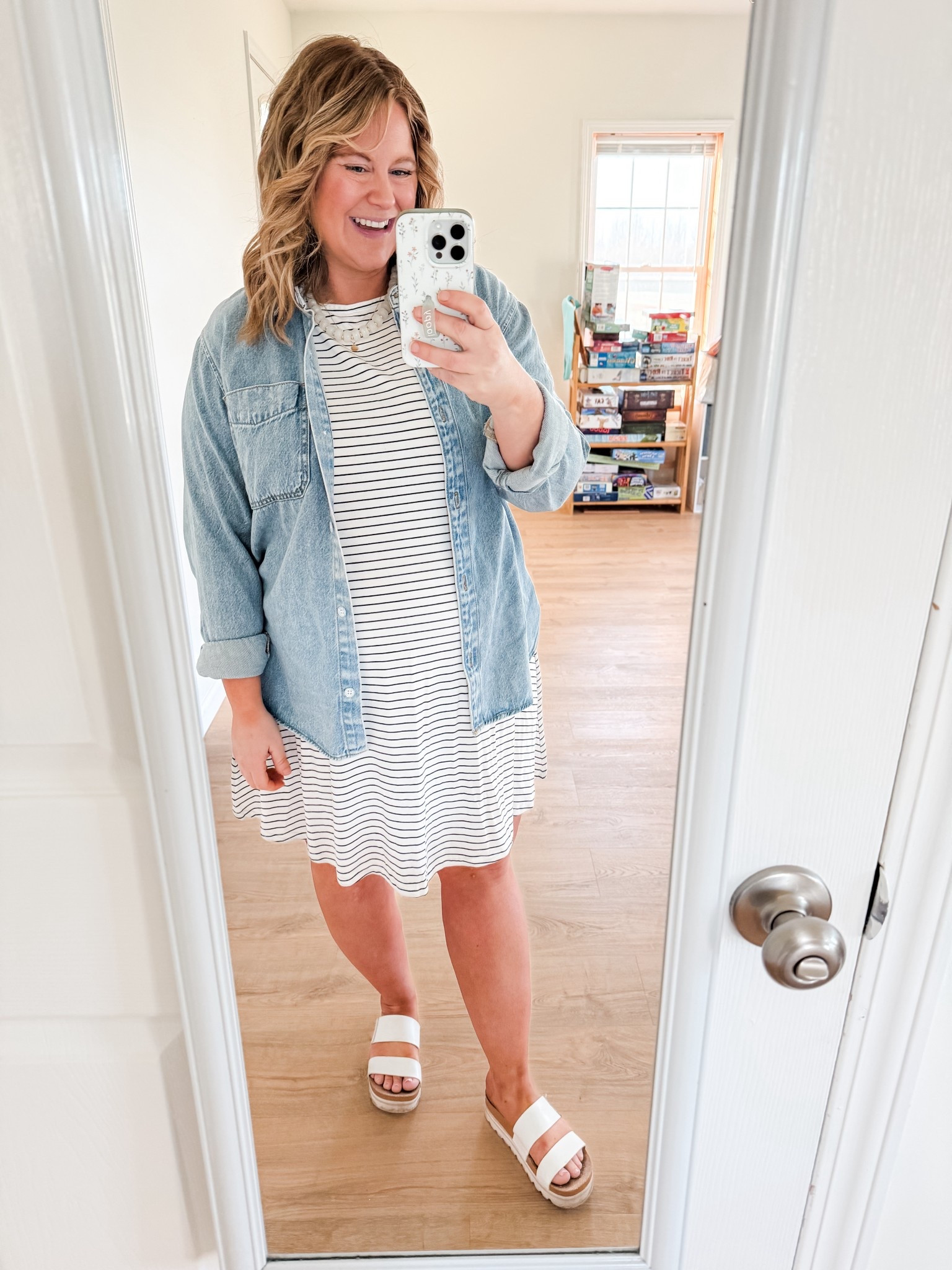 Teacher outfit! Wearing a large petite in my dress.  Very bump friendly! My denim shirt is likely sold out but linking similar. 

#LTKMidsize #LTKBump #LTKWorkwear