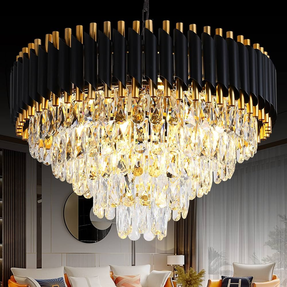 Gold Modern Crystal Chandeliers 5-Tier K9 Round Crystal Chandeliers Light Fixture 12 Lights Black... | Amazon (US)