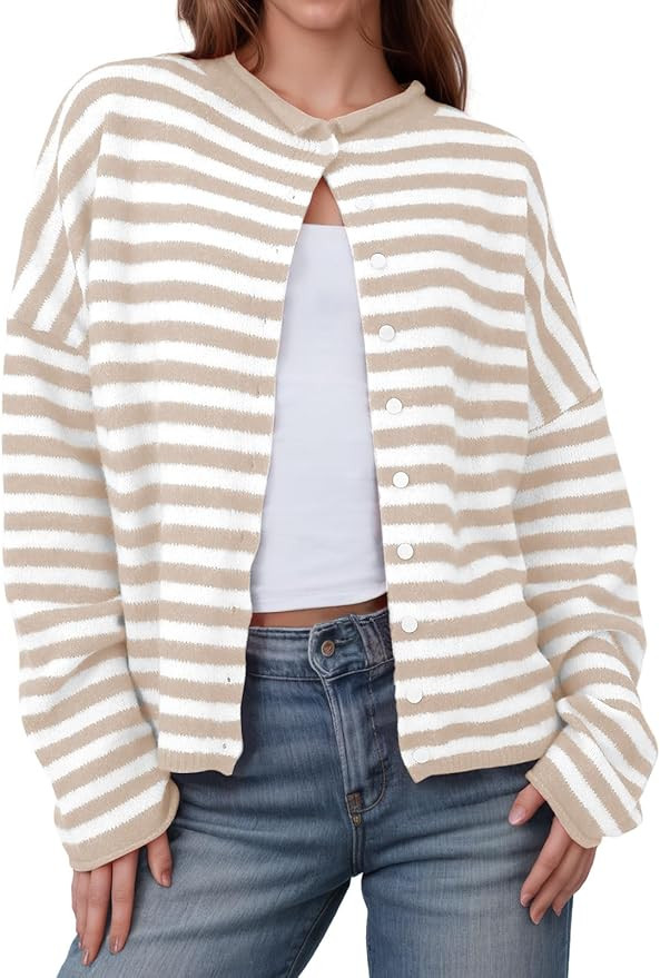 Saodimallsu Womens Striped Cardigan Casual Long Sleeve Open Front Button Down Loose Knit Lightwei... | Amazon (US)