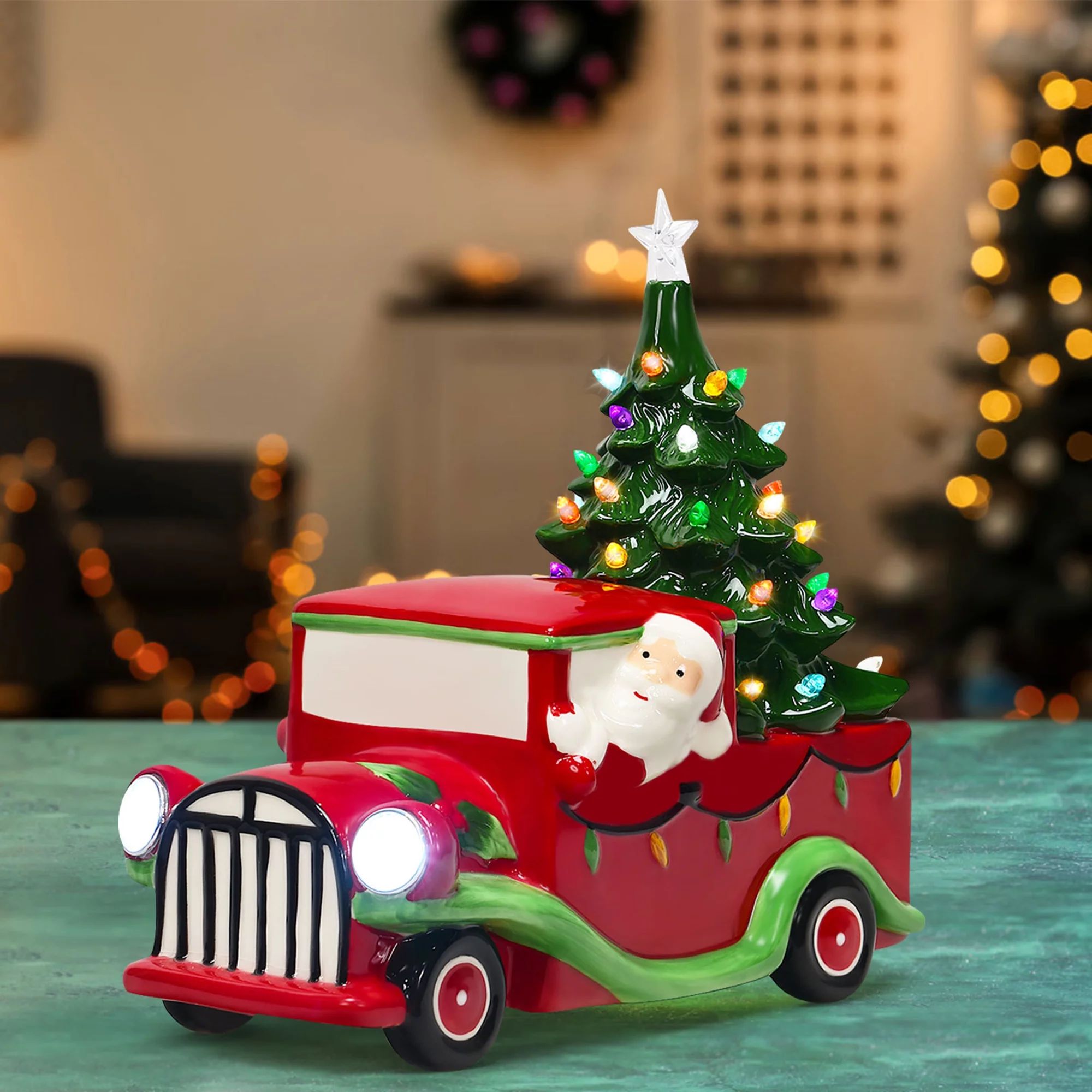 Gymax Pre-Lit Red Truck Christmas Decoration Vintage Ceramic Tree and Truck - Walmart.com | Walmart (US)