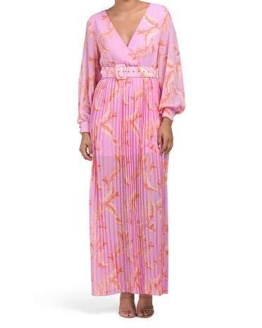 Long Sleeve V-neck Pleated Maxi Dress With Belt | TJ Maxx