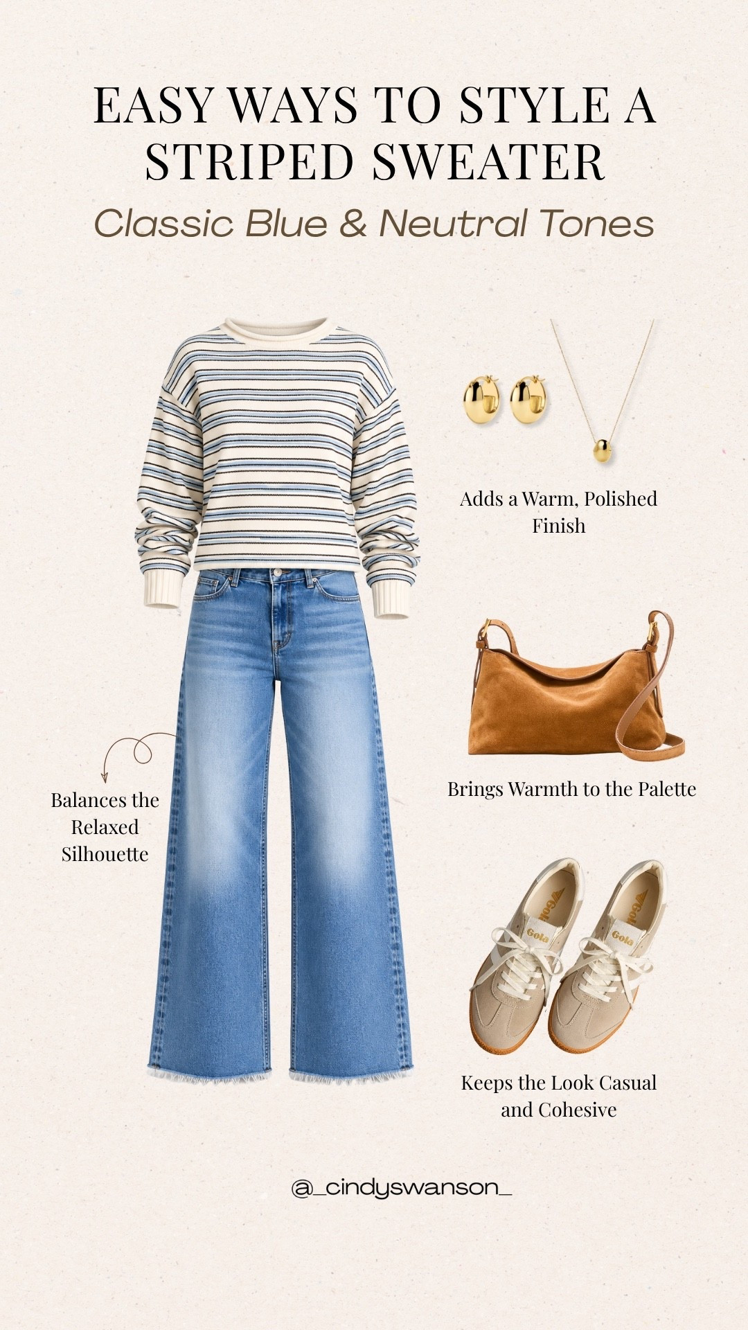 A striped sweater and classic blue jeans are such an easy combination for everyday style. I love the mix of cream, blue, and subtle darker stripes, paired with warm brown accessories for a little extra polish. Finish with neutral sneakers for a relaxed, timeless outfit that works for errands, lunch, or a casual weekend.