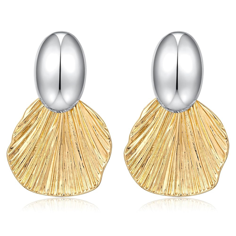 Gold Earrings Dangle Chunky Fan-shaped Earrings Shell Earring for Women Two-Tone Fashion Statemen... | Amazon (US)