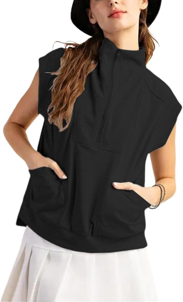 Womens Half Zip Vest Sweatshirt Sleeveless Pullover Tunic Tops with Pockets | Amazon (US)