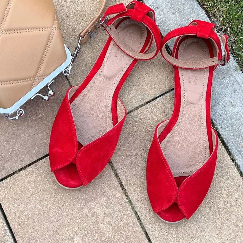 Red Suede Peep Toe Flats \u2013 Handmade Ankle Strap Sandals - Etsy | Etsy (Global)