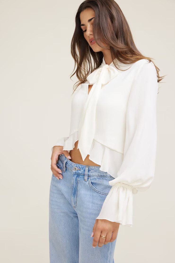 Tie Neck Crepe Blouse | Dynamite Clothing