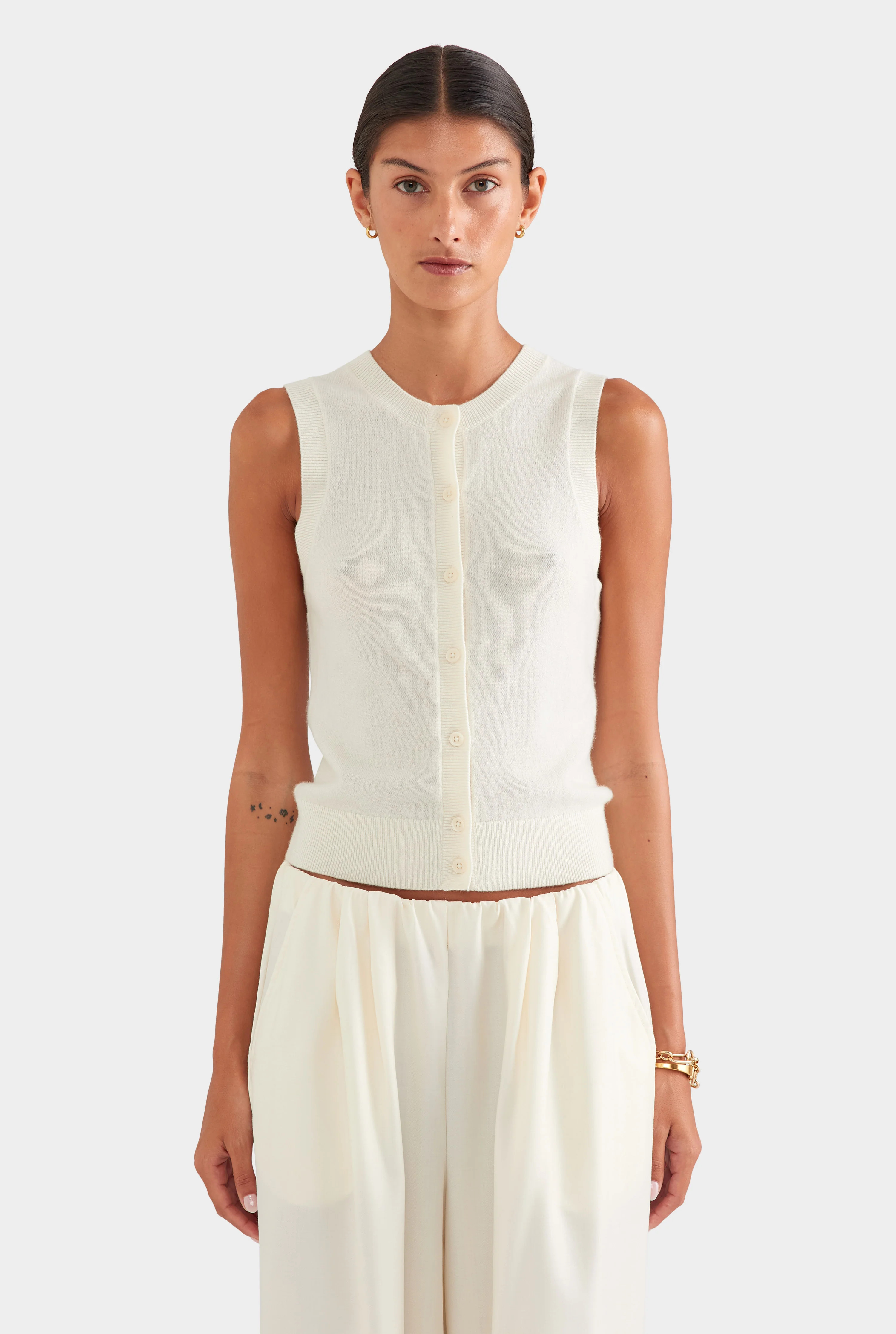 Womens Cashmere Button Through Tank Off White | Venroy | Venroy AU