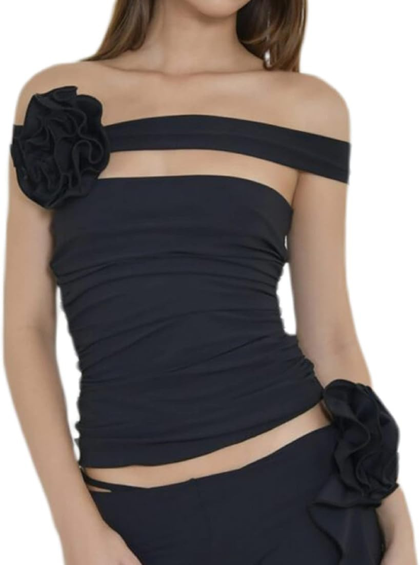 KMBANGI Floral Sexy Tank Top Women Y2k Ruffles Frill Halter Crop Tops Sleeveless Off Shoulder Bac... | Amazon (US)