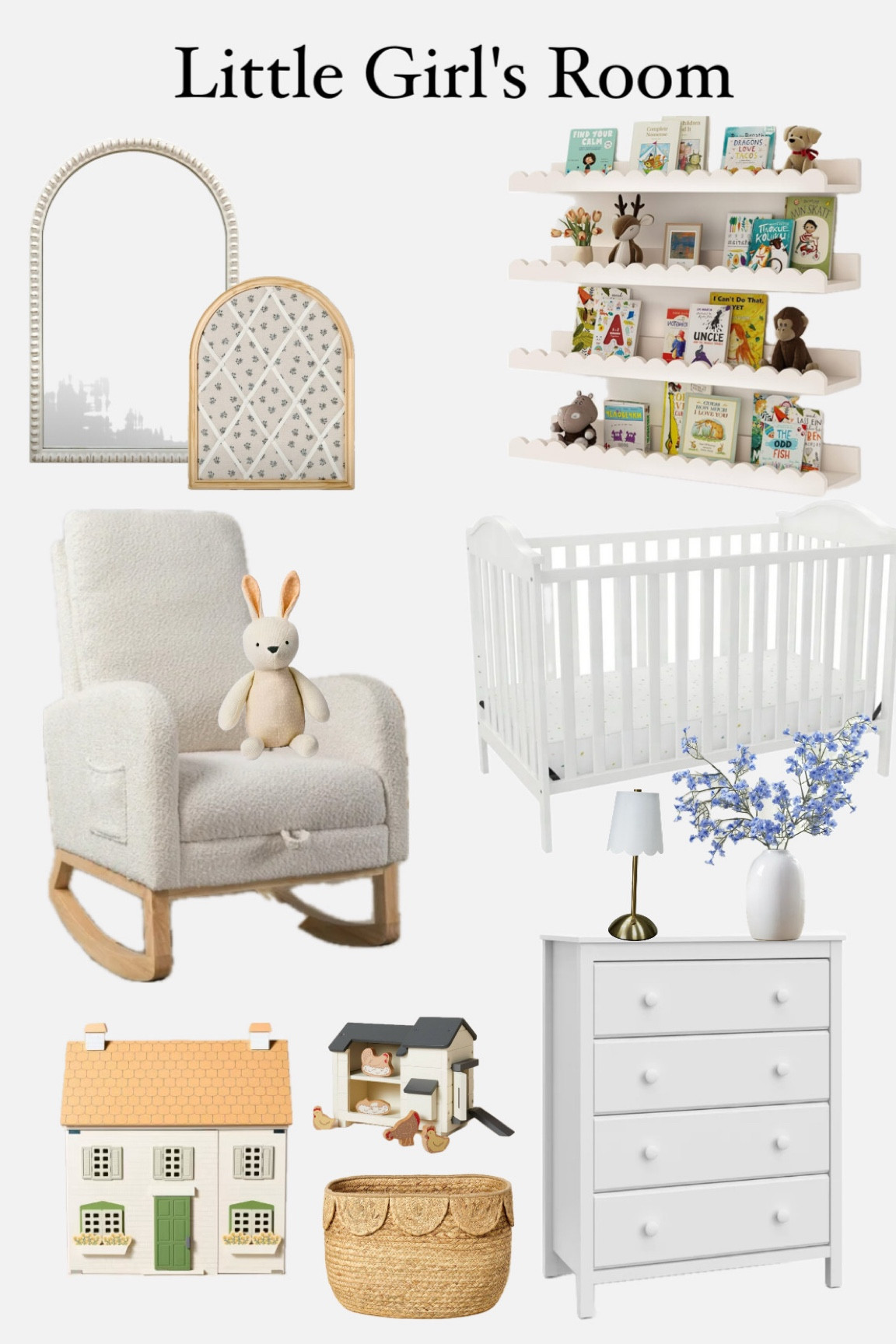 Dreaming of a baby girl's nursery someday. ❤️ 

#scallopedshelves #scallopedbasket #whitecrib #bouclerocker #nurseryrocker #woodenmirror #archedmirror #beadedmirror #littlegirlsroom #nursery #babygirlsroom #babygirl #hearthanshandhouse #hearthandhandtoys #whitedresser #nurserydresser #floralarrangement #woodenshelves #budgetnusery #scalloped #scallopednursery   #collageboard #woodentoys #dollhouse #bunny 