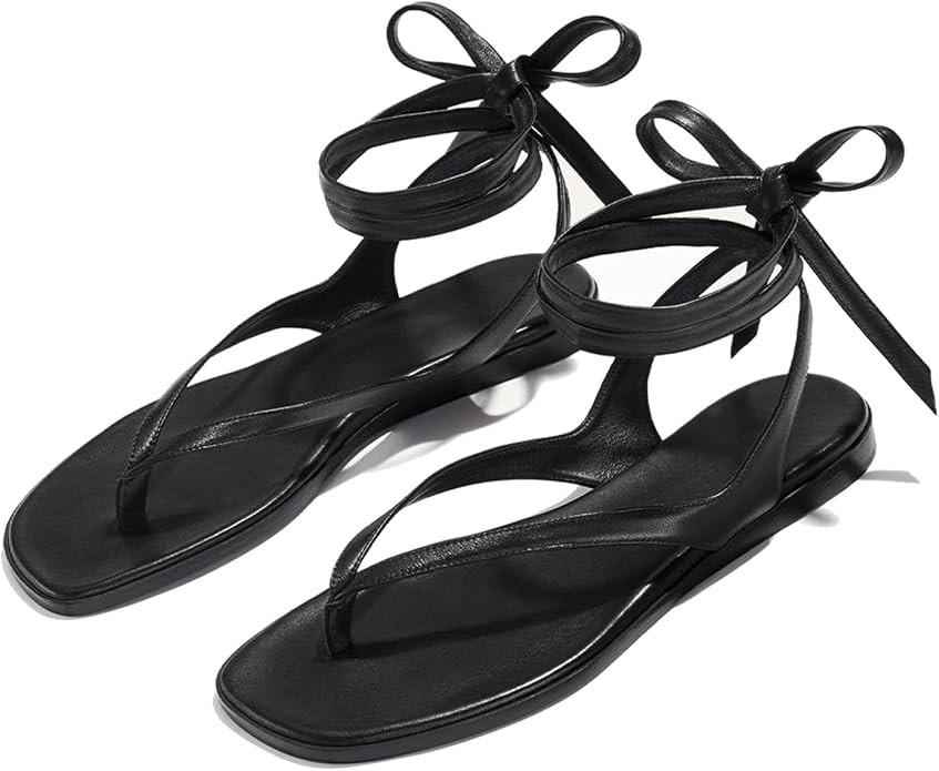 Strappy Flat Sandals for Women Open Toe Lace Up Thong Sandals Comfortable Dressy Beach Flip Flops... | Amazon (US)