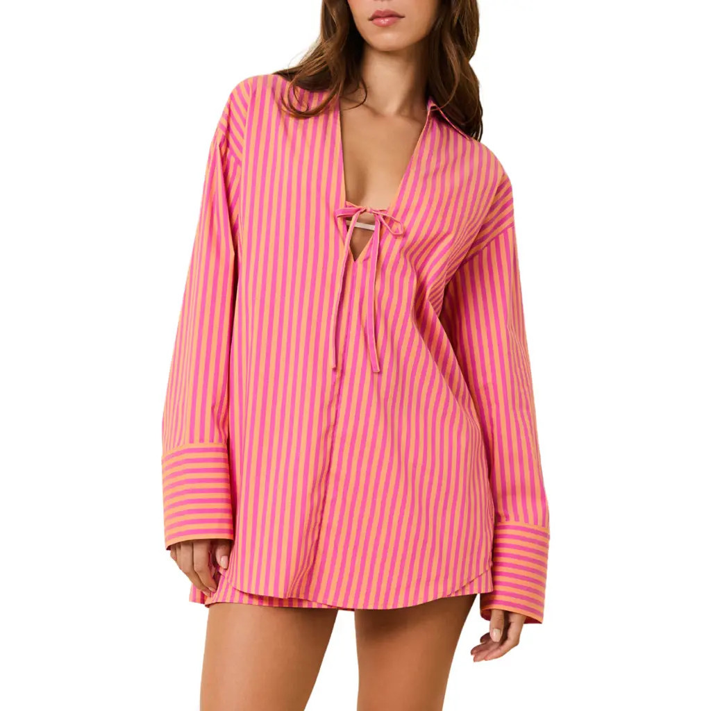 Solid & Striped The Livia Stripe Tunic Dress in Orange Soda X Paradise Pink at Nordstrom, Size Large | Nordstrom