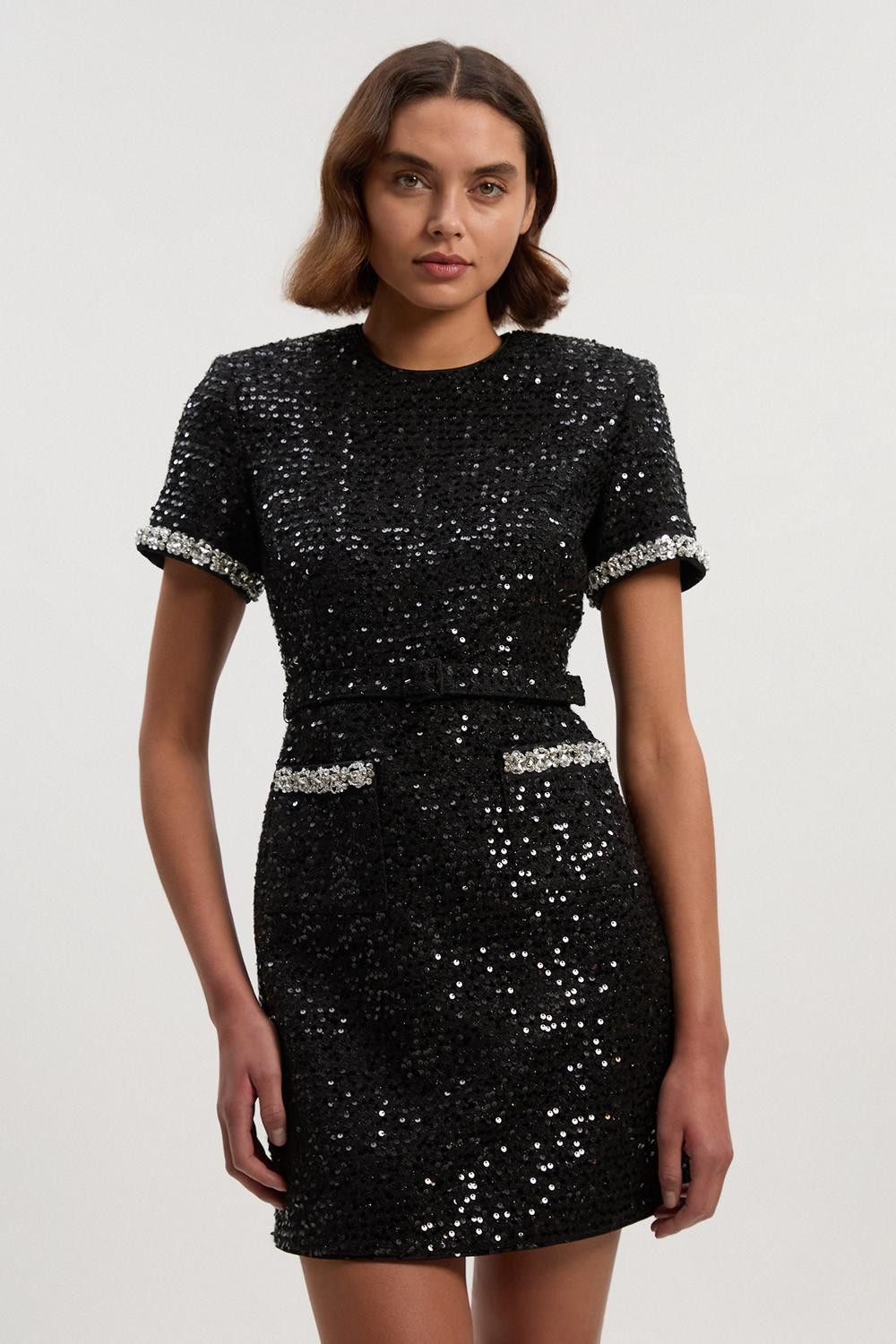 Tailored Sequin Tweed Tie Bow Neck Embellished Mini Dress | Karen Millen UK + IE + DE + NL