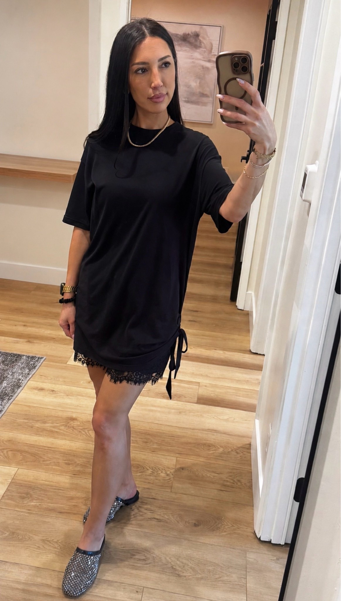 A simple LBD is always a vibe. This is a t-shirt dress from Care Tucker paired with lace shorts and my sparkly slides i got from Anthro. Their bibilou but sold out. #ootd

#LTKootd