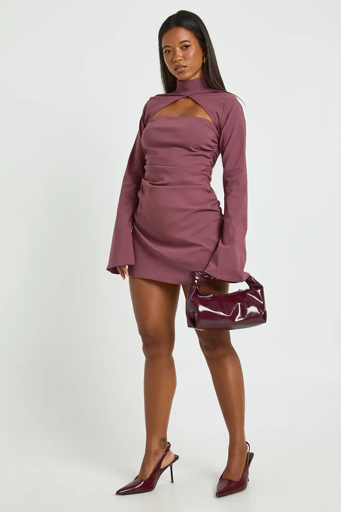 Flared Sleeve Ruched Bodice Mini Dress | boohoo (US & Canada)