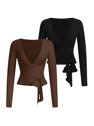 SweatyRocks Women's Pilates Outfits Wrap Tops Ballet Yoga Coquette Shirt Cute Long Sleeve Workout Activewear Black and Brown Large | Amazon (US)