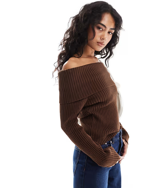 ASOS DESIGN knitted fold over bardot top in chocolate brown | ASOS (Global)