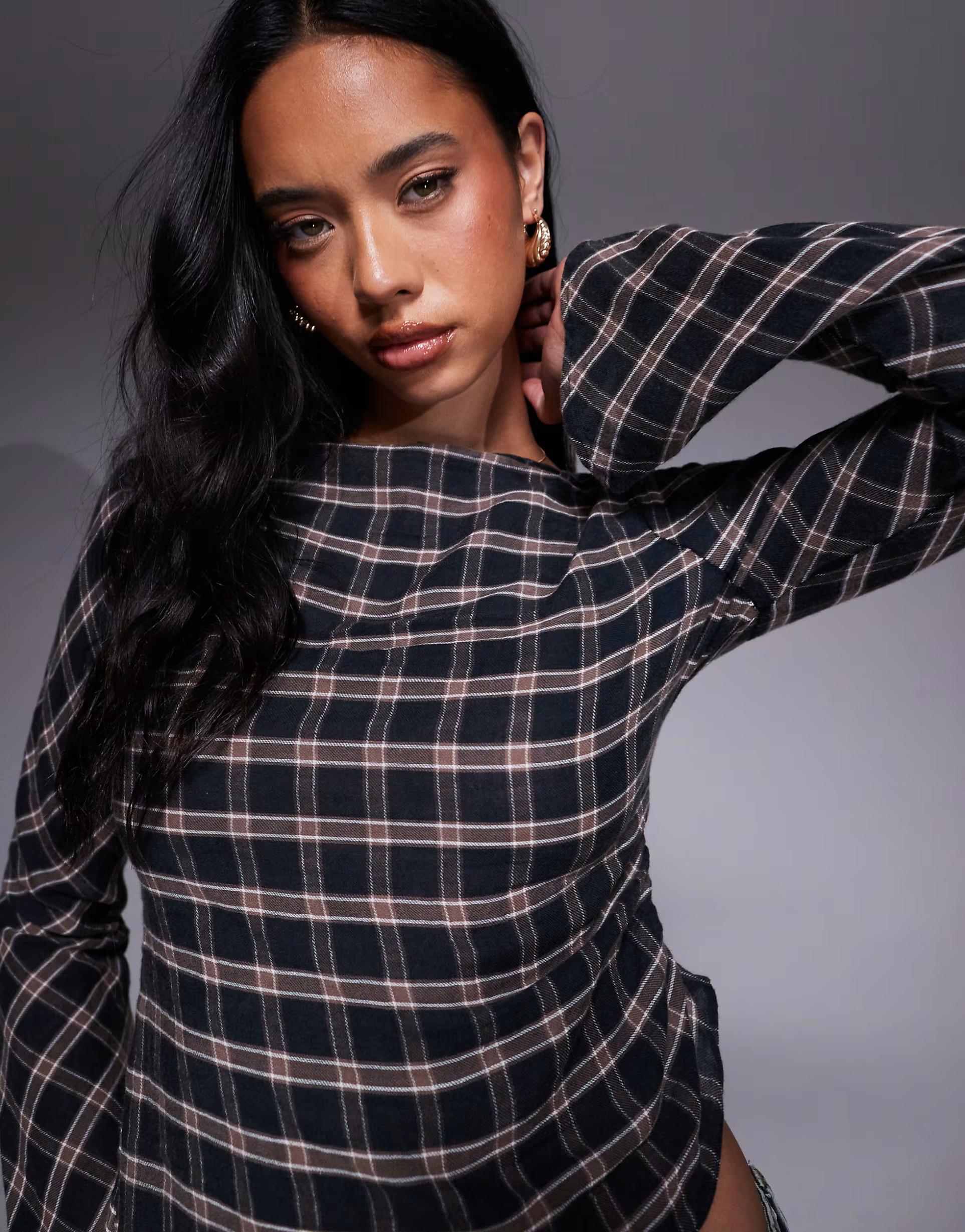 ASOS DESIGN slash neck ruched detail long sleeve top in plaid | ASOS (Global)