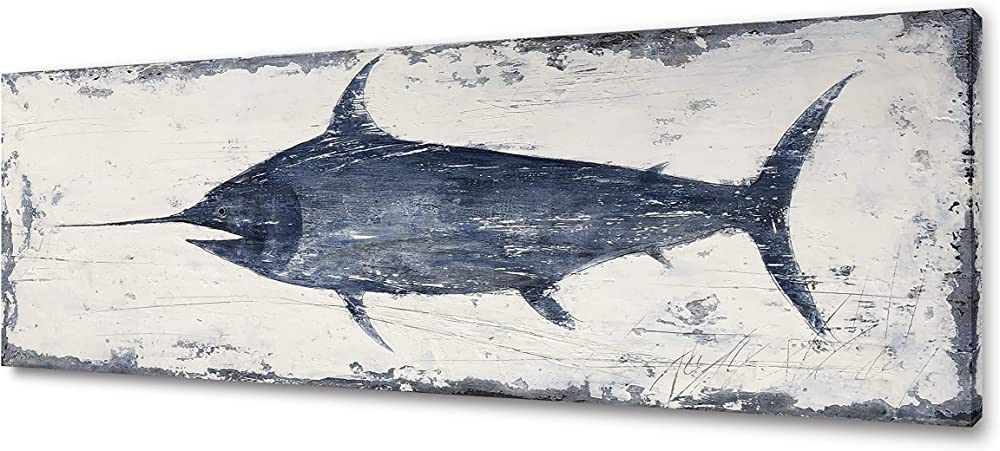 Yihui Arts Nautical Canvas Wall Art Animal Pictures Hand Painted Swordfish Paintings Ancient Ocea... | Amazon (US)