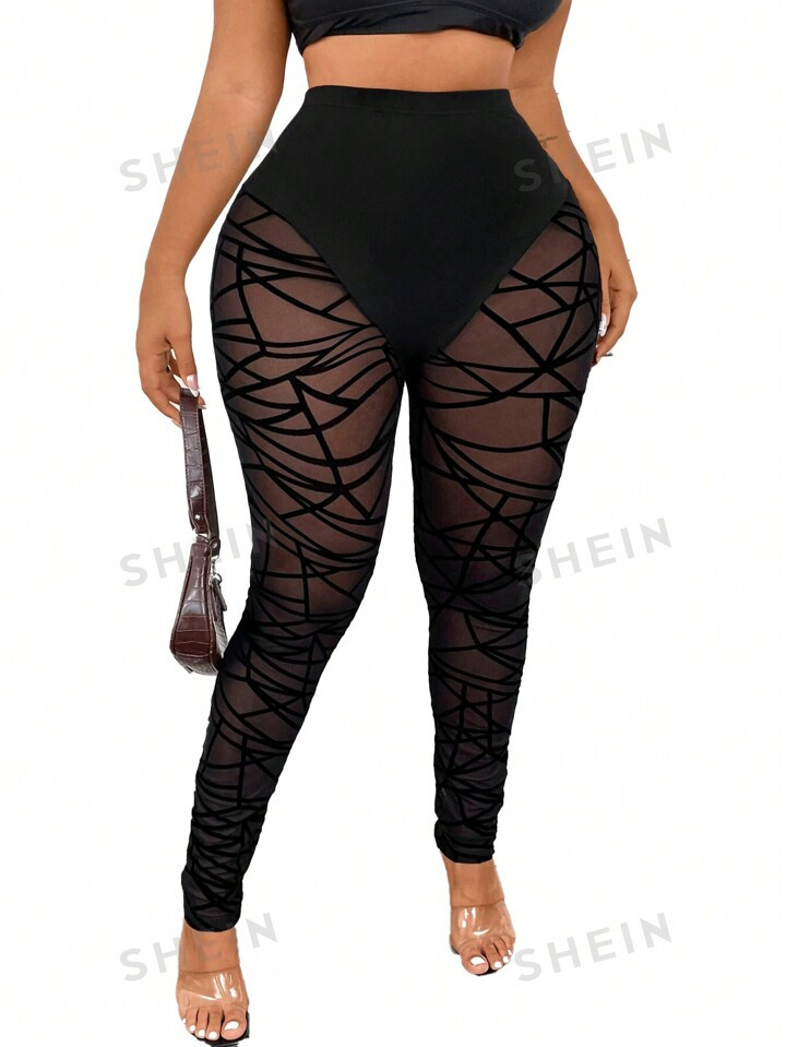 SHEIN ICON Plus Size Flocked & Mesh Splice Leggings | SHEIN