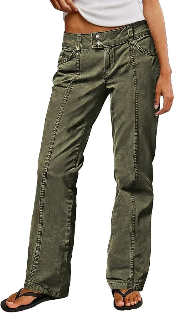 Flamingals Straight Leg Cargo Pants for Women Mid Rise Stretchy Seam Front Business Casual Dress ... | Amazon (US)