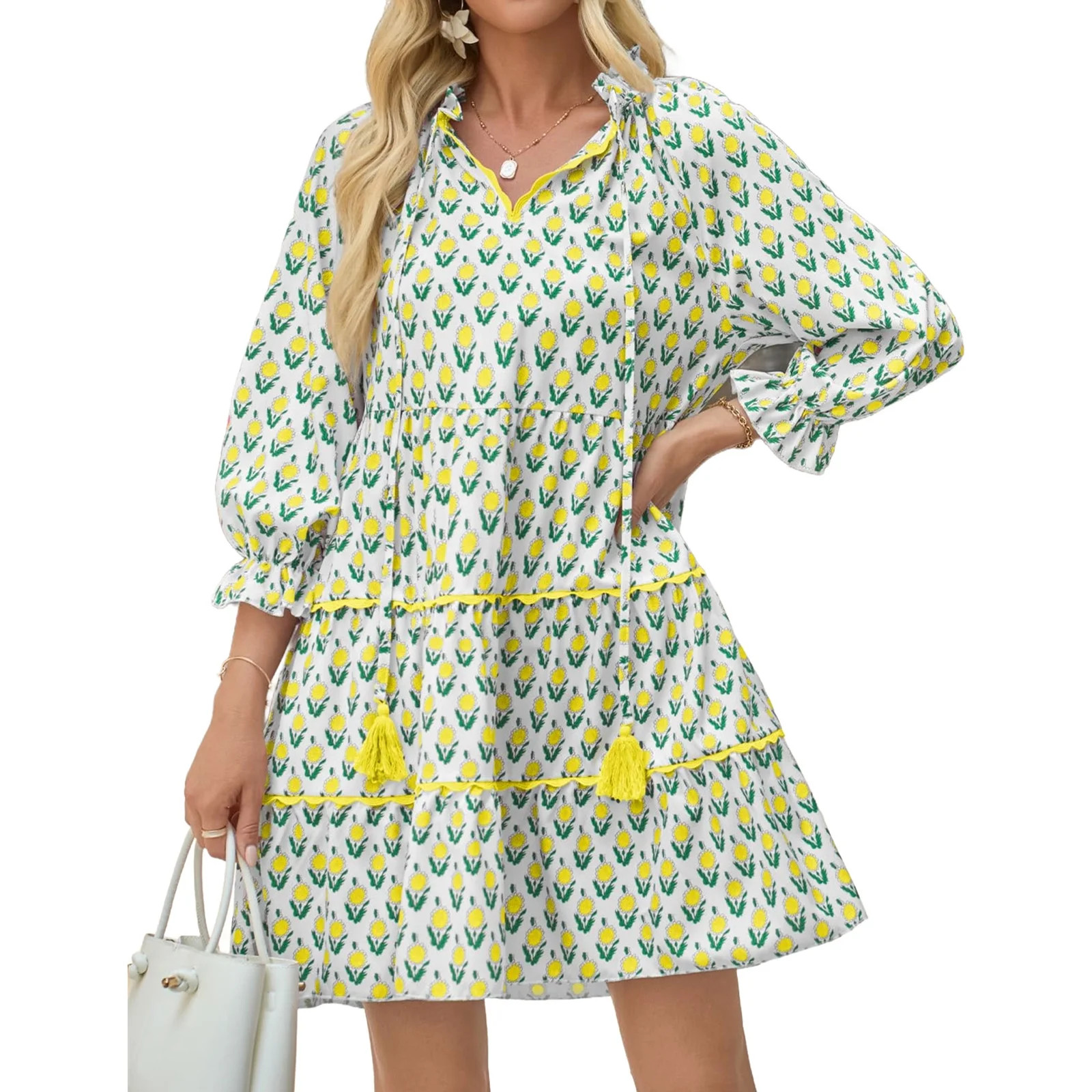 Floral Print Loose Long Sleeved Women V-neck Ruffle Tassel Mini Dress | Walmart (US)