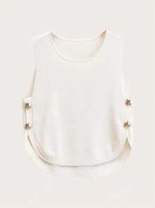 Women's Solid Color Button Crew Neck Sleeveless Simple Vest, Casual Daily Wear | SHEIN