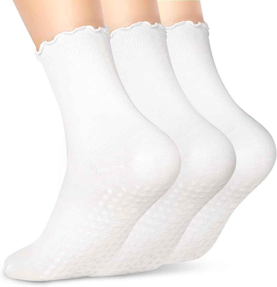 Pilates Socks with Grips for Women Ruffle Yoga Grip Socks Non-slip Grippy Socks 3 Pairs Barre Soc... | Amazon (US)