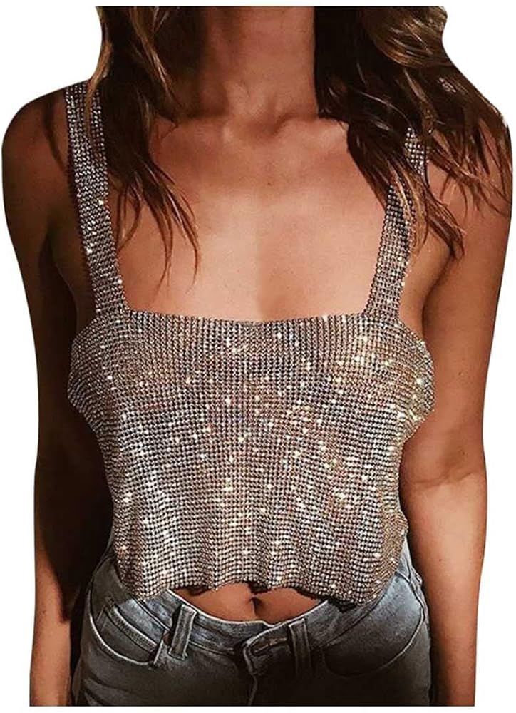 deladola Rhinestones Crop Top Gold Sparkly Crystal Tank Tops Backless Summer Beach Outfit for Women  | Amazon (US)