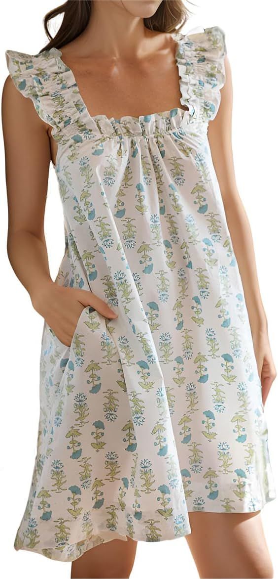 Xfileen Womens Ruffle Sleeveless Nightgowns Soft Cute Printed Sleep Dress Comfy Lightweight Sleep... | Amazon (US)