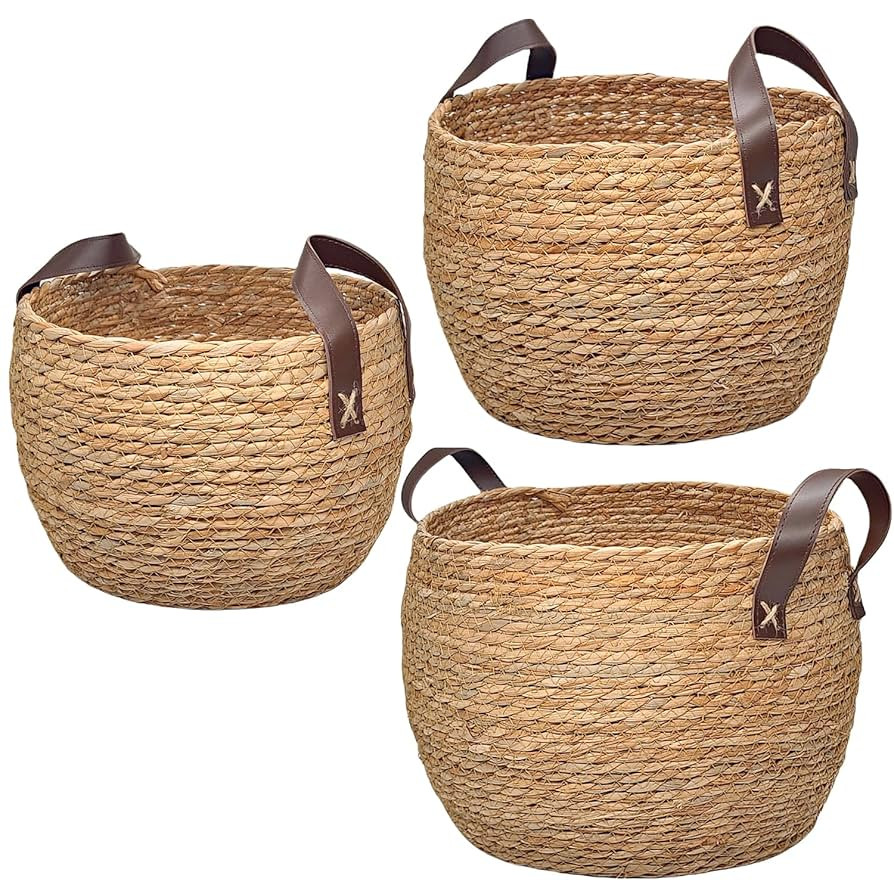GIB Round Wicker Woven Seagrass Storage Baskets with Leather Handles Set of 3, Natural Decorative... | Amazon (US)