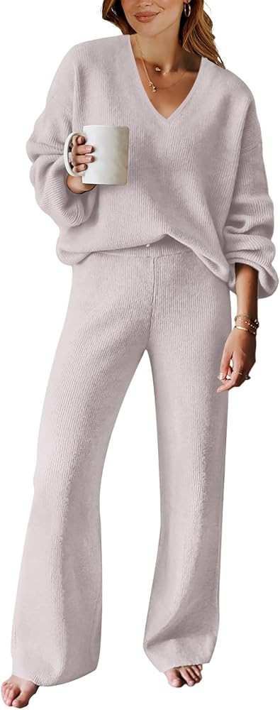ANRABESS Women's 2 Piece Outfits Sweater Lounge Sets V Neck Knit Pullover Wide Leg Pants Tracksui... | Amazon (US)