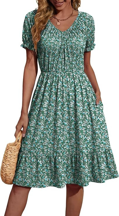 UEAL Womens Floral Spring Dresses Empire Waist Puff Short Sleeve V Neck A-Line Tiered Summer Sun ... | Amazon (US)