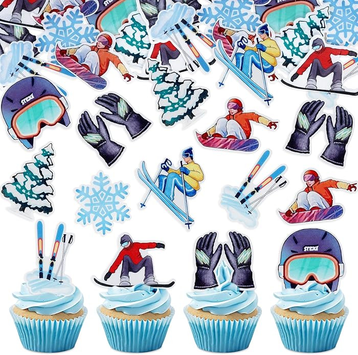 50PCS Edible Skiing Party Cupcake Toppers, Winter Sports Cake Decorations with Skiing & Snowflake... | Amazon (US)