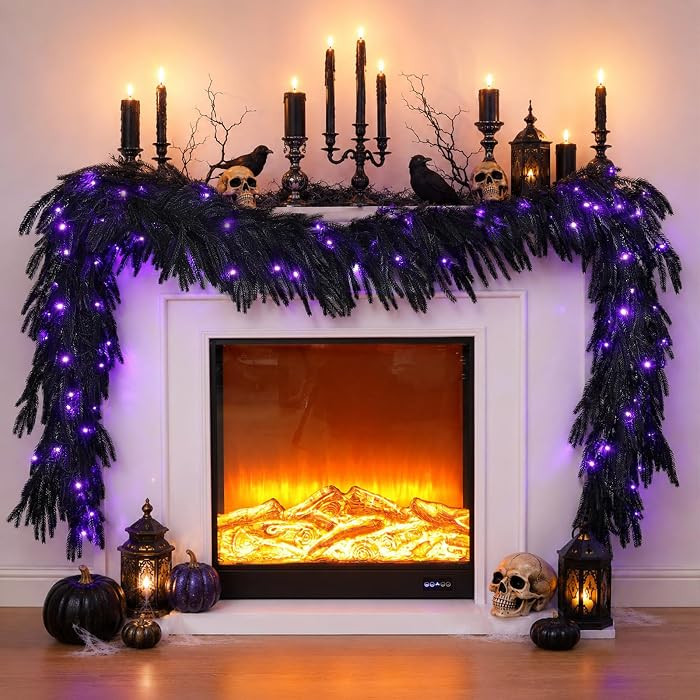 N&T NIETING 9FT Black Halloween Pre-Lit Garland with 70 LED Lights Real Touch Artificial Norfolk ... | Amazon (US)