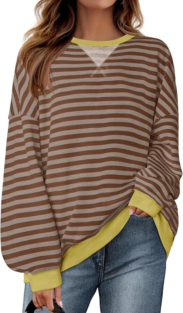 ZESICA Womens Casual Striped Pullover Tops Long Sleeve Shirts Crewneck Oversized Sweatshirts 2024... | Amazon (US)