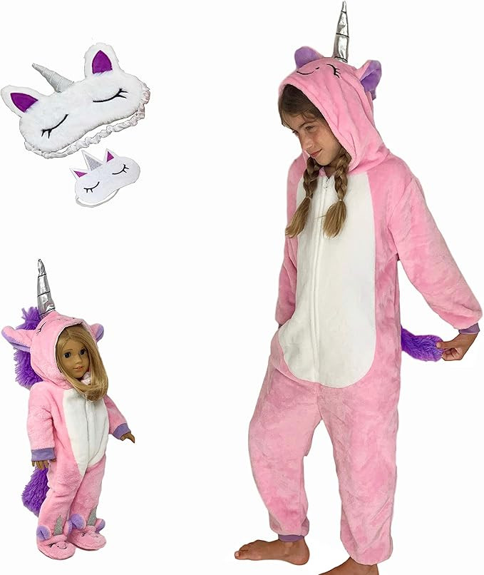 MY GENIUS DOLLS Unicorn Matching Onesie Pajamas and Sleepmasks - Fits Girl and 18 inch Doll Like Ame | Amazon (US)