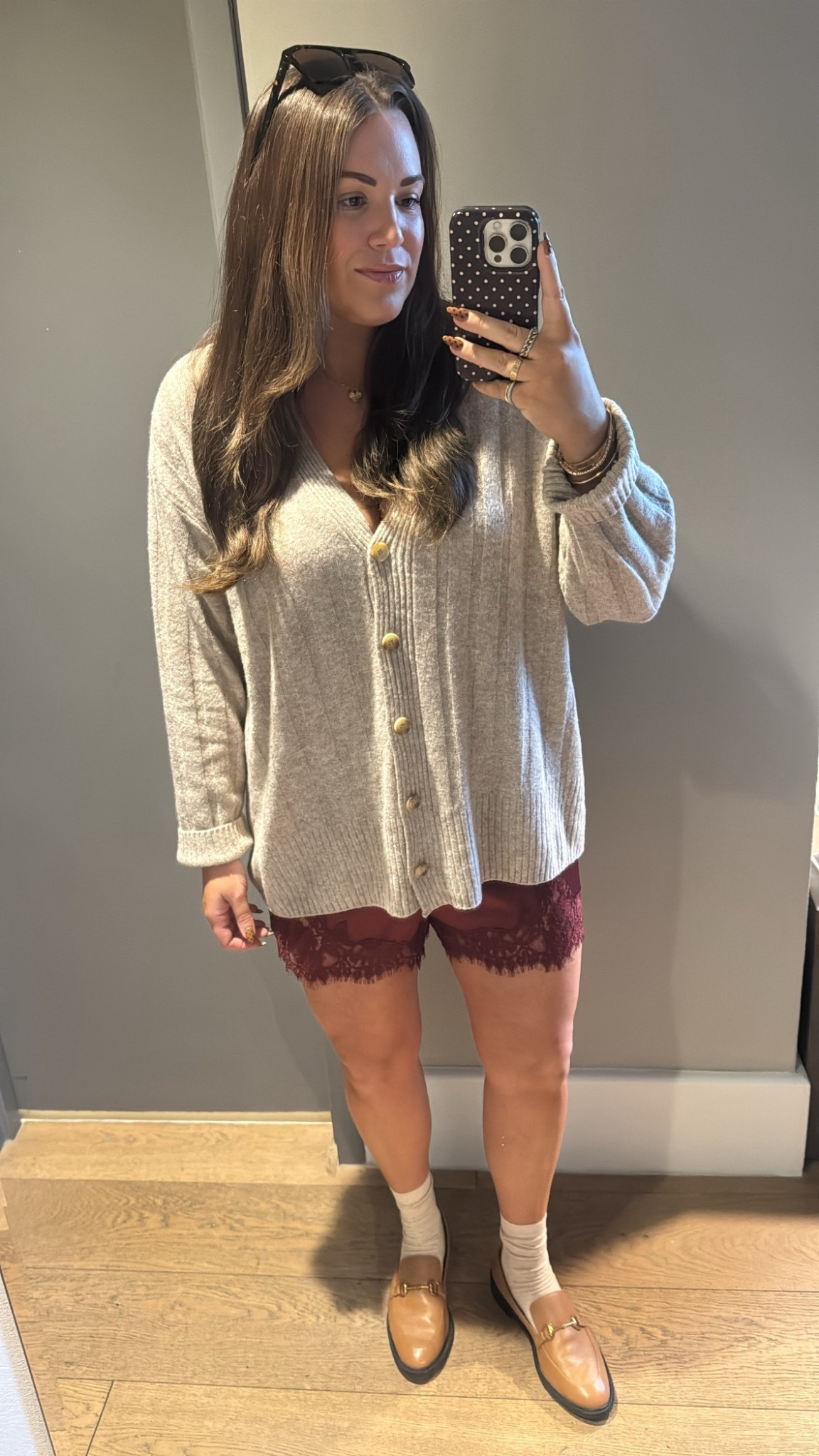 curvy midsize fall outfit! wearing size xl in cardigan for a looser fit and size xl in burgundy lace silk shorts 

#LTKTravel #LTKMidsize #LTKSeasonal