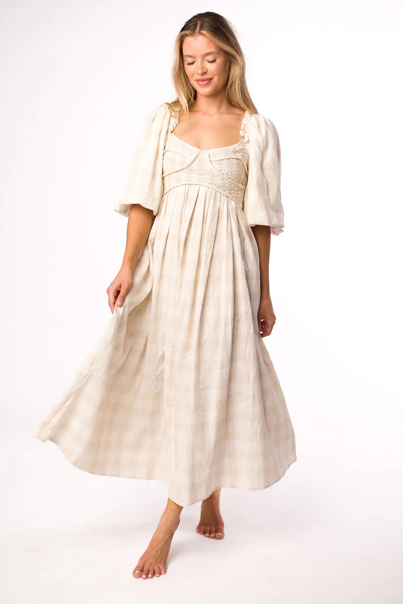 Harlow Maxi Dress in Natural Plaid with Stretchy Neckline - Bump Frien | Worth Collective