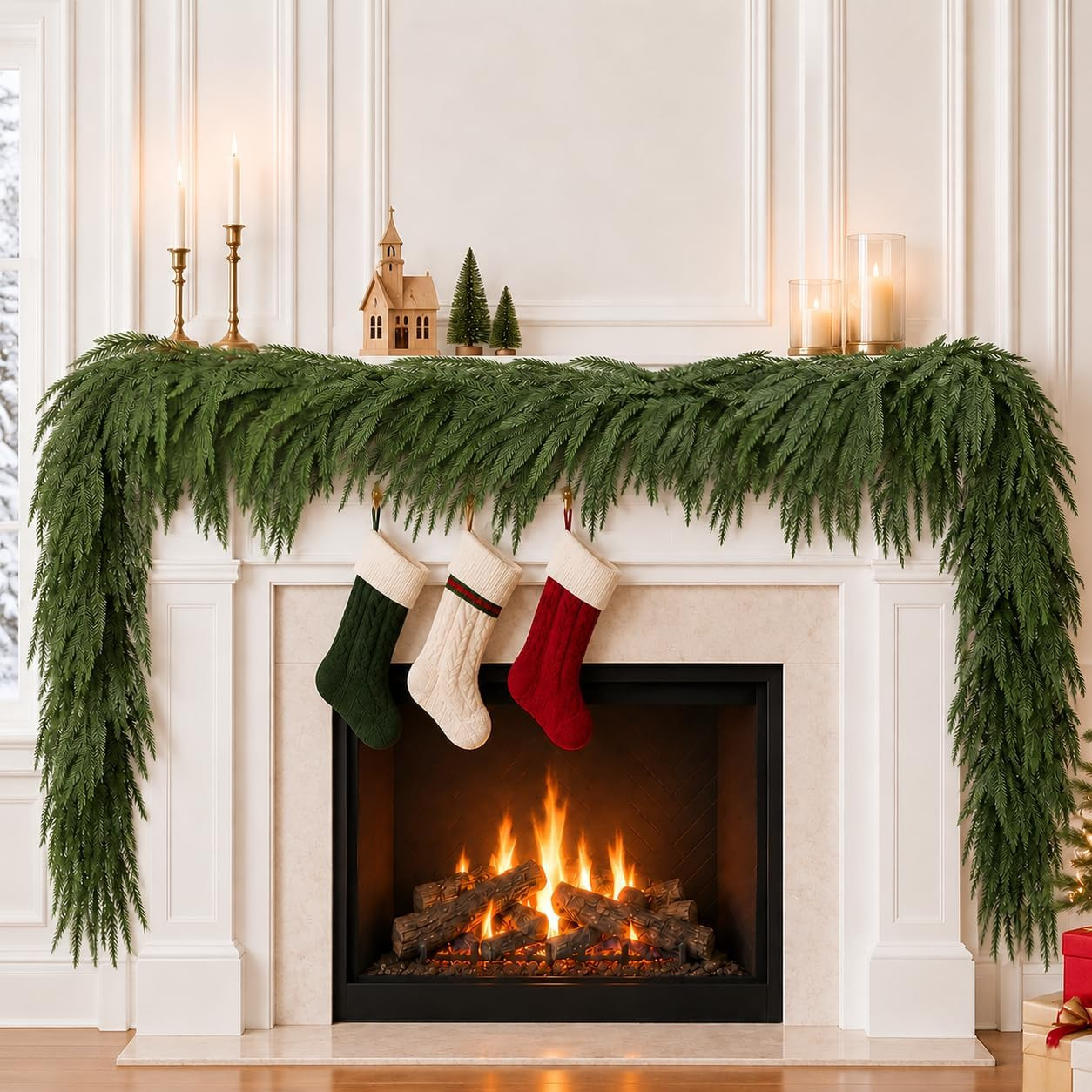 9FT Christmas Norfolk Pine Garland, Real Touch Artificial Greenery Garland, Realistic Faux Pine Garlands for Front Door Mantel Fireplace Stairs Table, Holiday Indoor Outdoor Xmas Decor | Amazon (US)