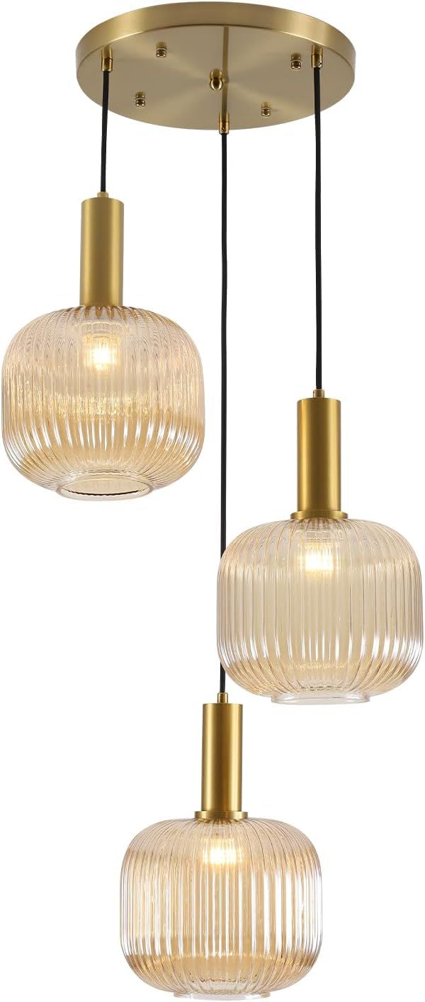 BOKT Gold Cluster Globe Glass Ceiling Chandelier 3-Light Amber Hanging Pendant Light Brushed Bras... | Amazon (US)