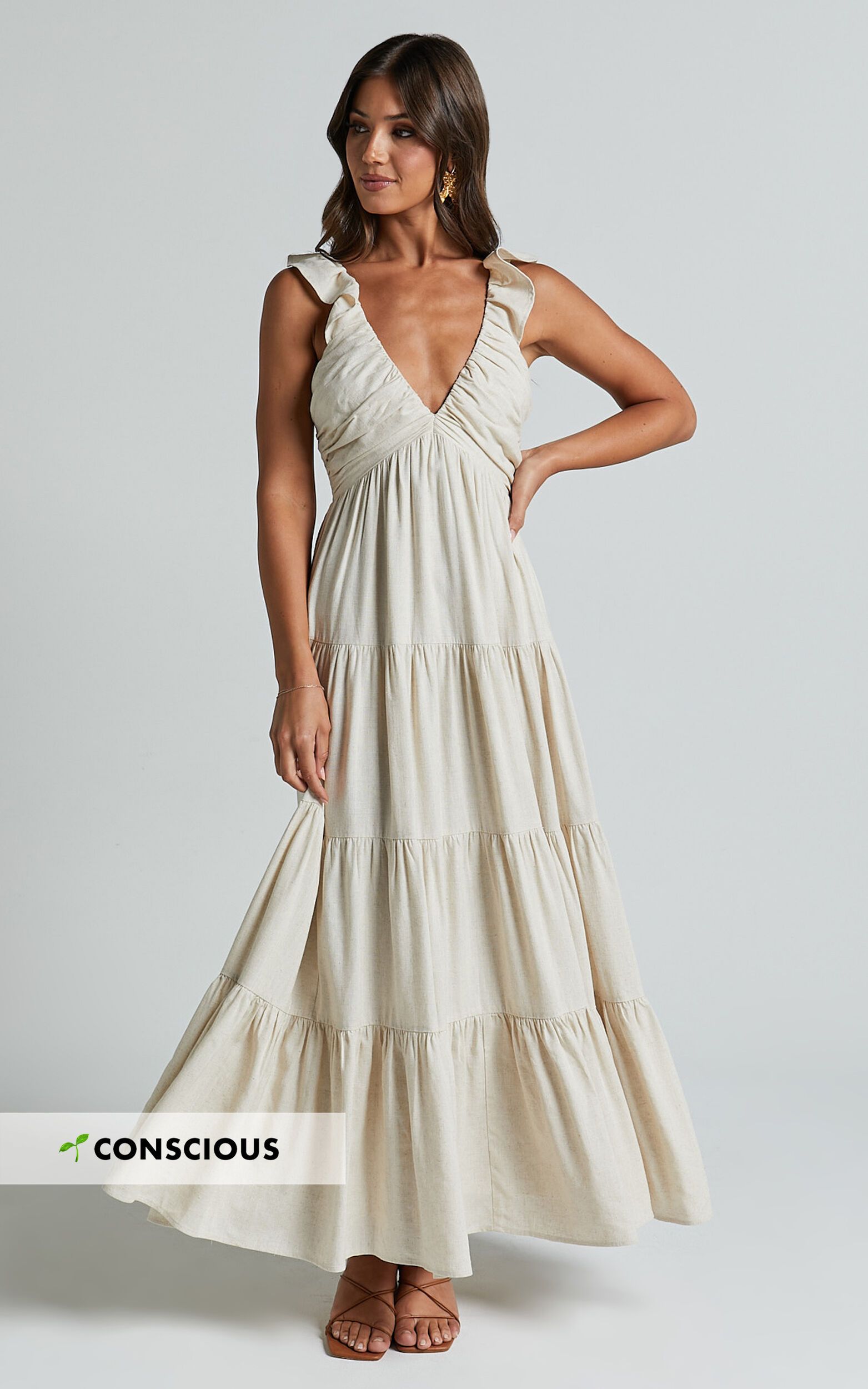 Nicollee Midi Dress - Plunge Neck Sleeveless Tiered Dress in Natural | Showpo (US, UK & Europe)