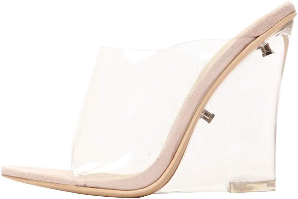 Cape Robbin Womens Open Toe Clear Transparent Lucite Wedge Heel Mules Pump Sandals Shoes | Amazon (US)