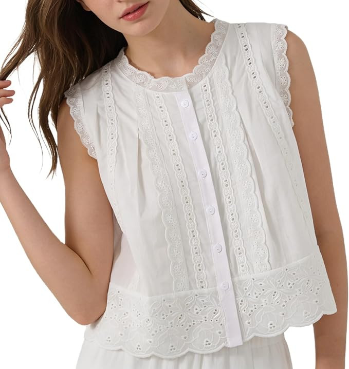 Mxiqqpltky Women Cute Lace Trim Tank Top Boho Summer Button Down Sleeveless Flowy Ruffle Babydoll... | Amazon (US)