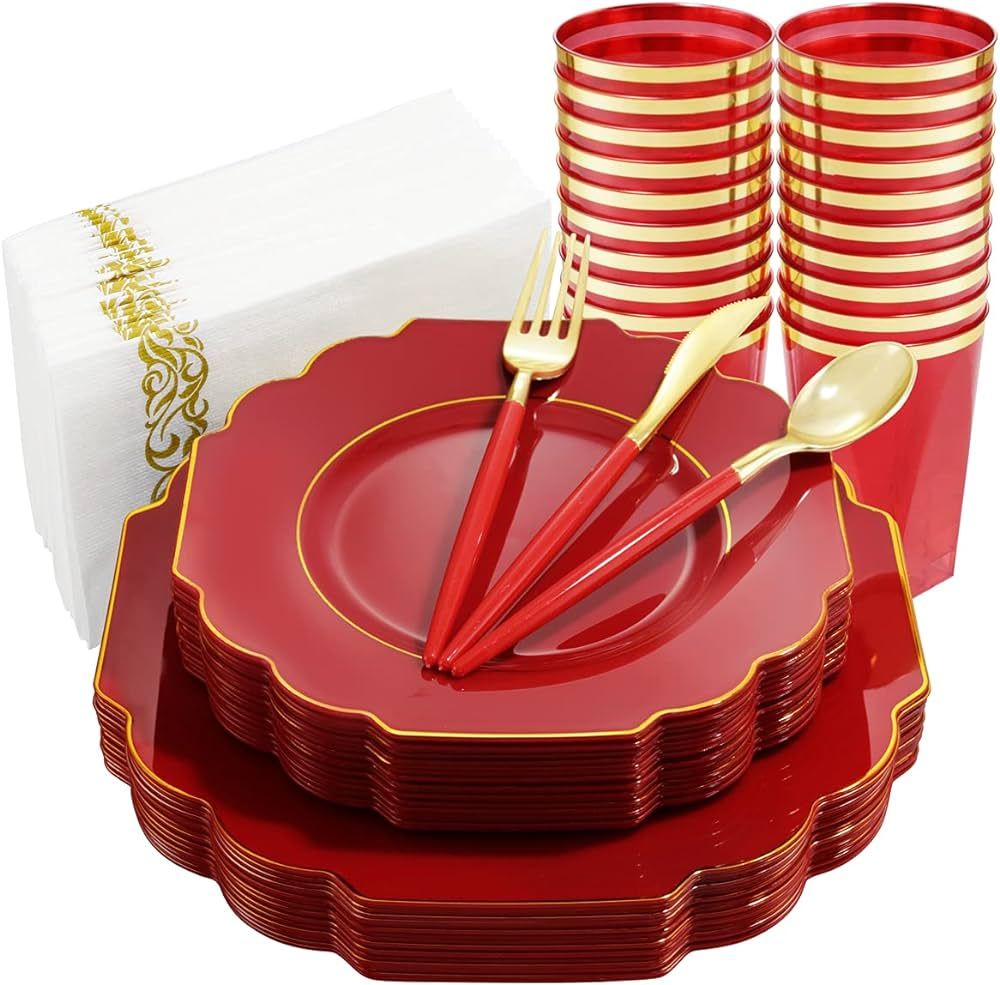 Nervure 140PCS Red Plastic Plates - Red and Gold Plates with Gold Plastic Silverware, Gold Dispos... | Amazon (US)