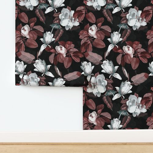 14" Lush Antique Magnolia Flowers - Magnolia Fabric - Flowers Fabric - Magnolia Wallpaper white a... | Spoonflower