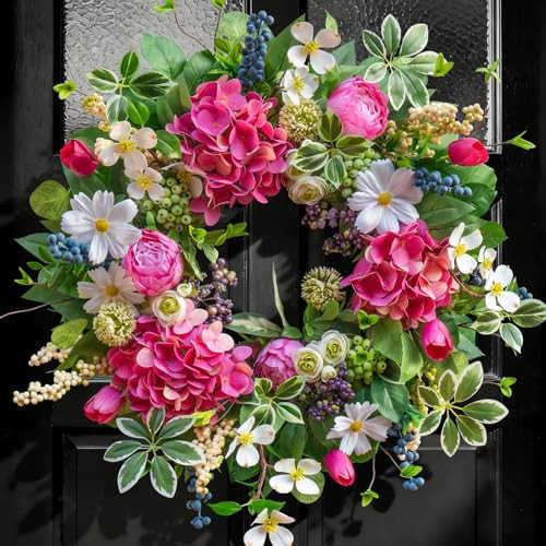 Spring Wreaths for Front Door Outside Summer Wreath 24 Inch with Luxury Peony & Hydrangea Floral Wreaths with Greenery Colorful Seasonal Spring Door Wreath for Outdoor Home Decor | Amazon (US)