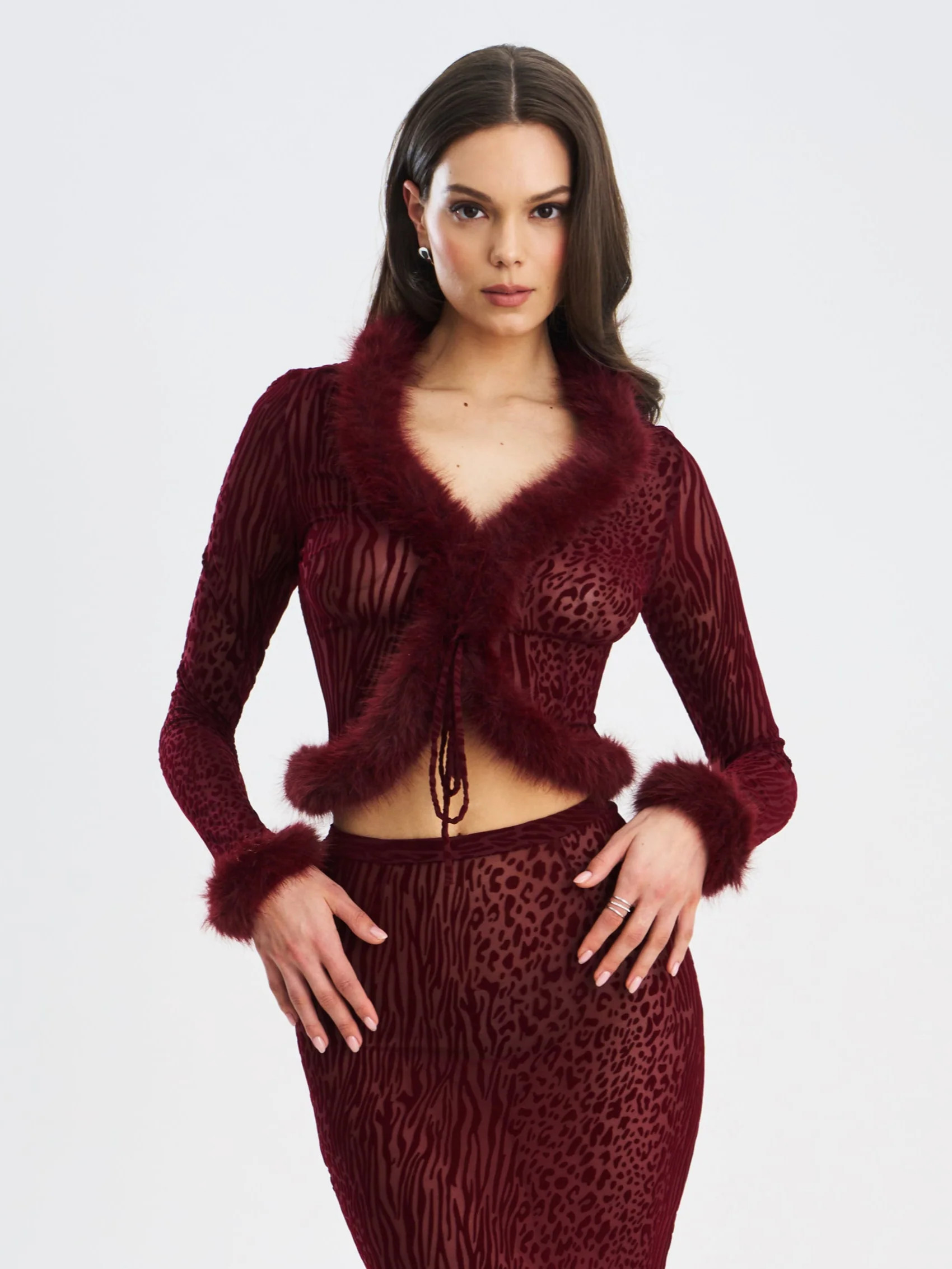 Hali Burgundy Animal Print Burnout Velvet Fur Trim Top | Miss Circle