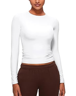 CRZ YOGA Womens Softembrace Long Sleeve Soft Crew Neck Shirts Basic Stretchy Tight T-Shirts Casua... | Amazon (UK)