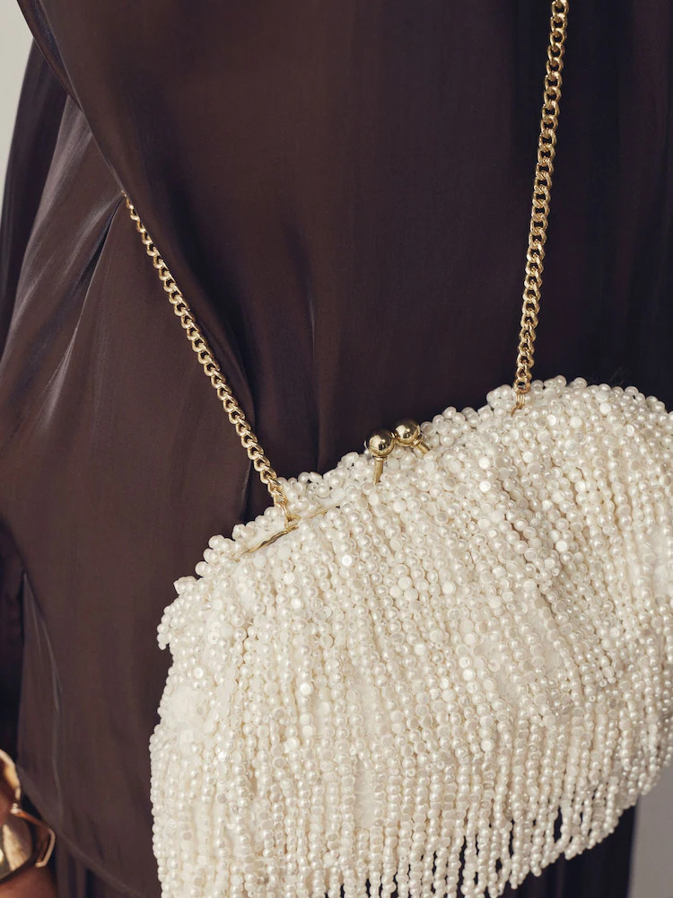 Buy White Pearl Effect Embellished Fringe Clutch Bag from Next United Arab Emirates | Next UAE